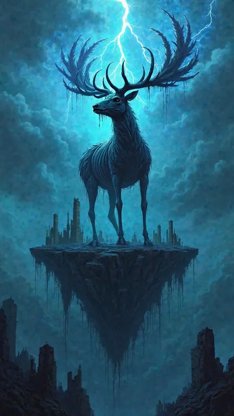 “
“A gigantic skeletal stag, its bones wrapped in swirling, ghostly black oil, stands atop a floating island in a stormy sky. Electric blue lightning crackles across the storm clouds, illuminating the ancient ruins scattered across the floating land. Its t...