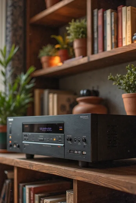 Stereo device on the living room bookcase