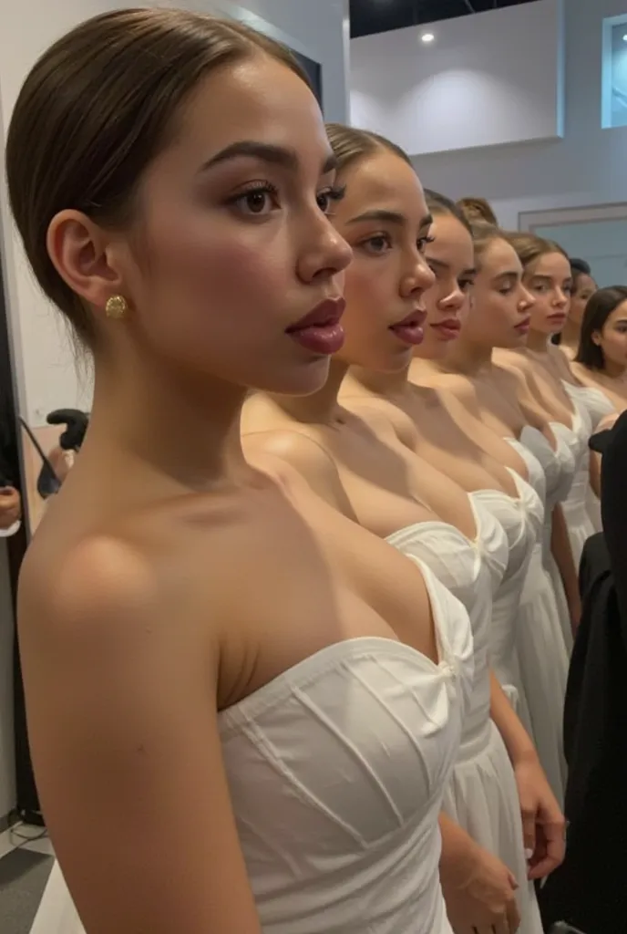 4k photograph of a row of clones standing in a line. Serious face. Bimbos standing in a line at an expo. They all look the same. They are clones. Her arms are at her sides. scene from a movie, wearing a strapless dress, sfw cleavage, no nipples, modest bre...