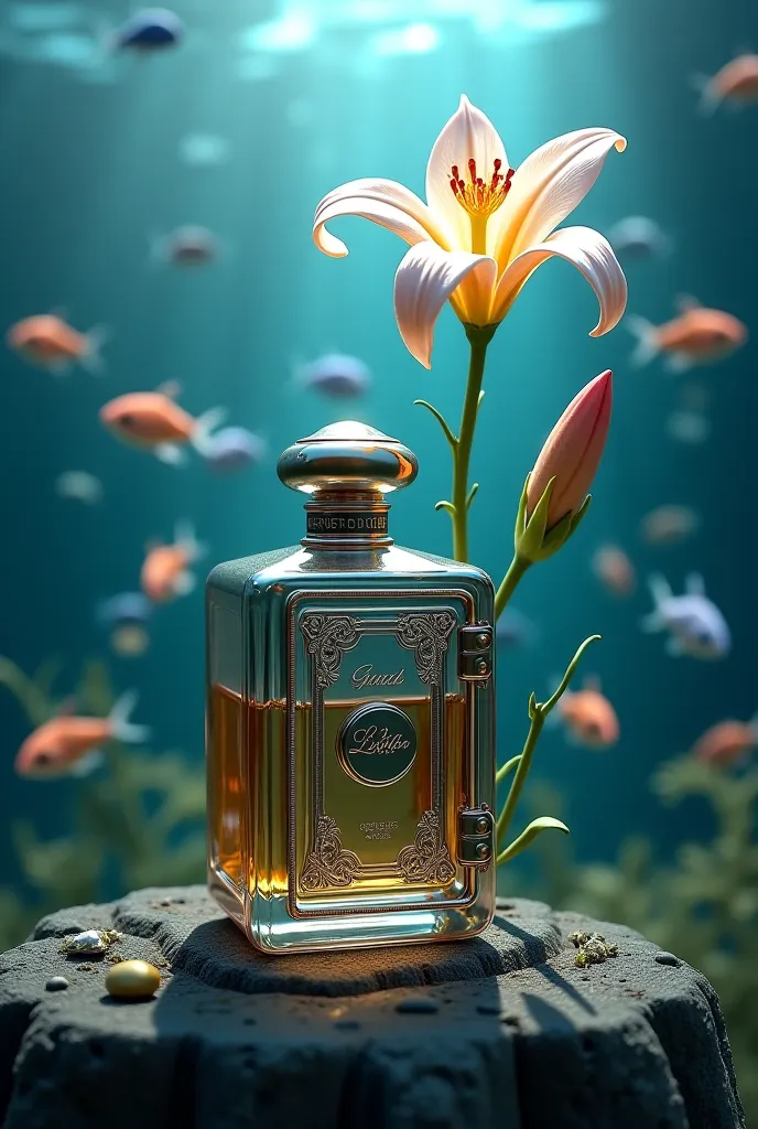 Make a safe-shaped perfume and a lily flower drawn well, fish 