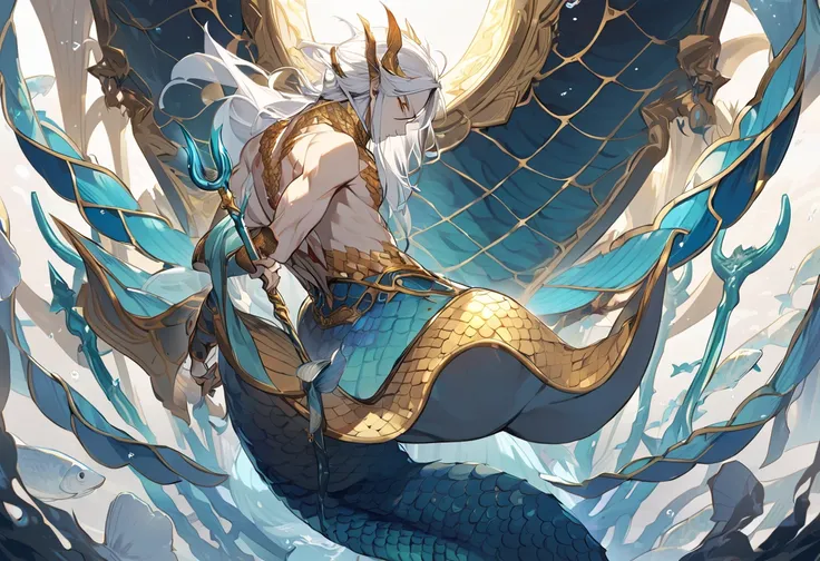 God of war with fish scales on his feet and sharp golden spines on his back and shoulders、Male Mermaid、Trident