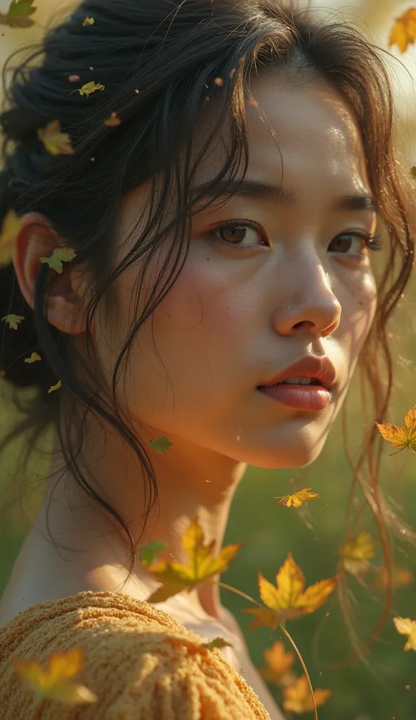  Close-up of a person  ( 20-35 years old ) Scene of someone walking in a natural environment (a park or garden) with falling leaves, symbolizing renewal and rebirth