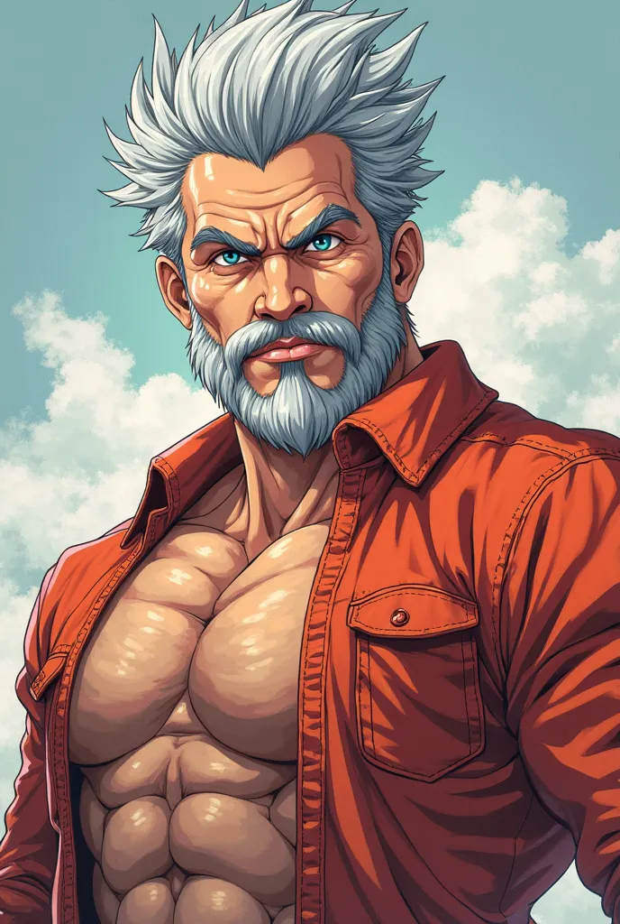 A cartoon of a slightly muscular man, With a short beard and gray hair. in anime style