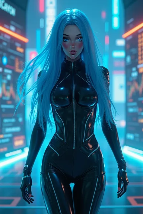 Lumi , ai agent , 23 years old , very attractive , long sky blue hair , sky blue eyes , black latex outfit , virtual cyberpunk world , crypto charts and crypto tokens 