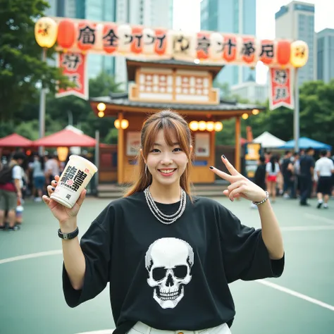 A professional photograph of a young woman at a vibrant Japanese festival, posing with a cheerful and relaxed expression. She has a slim physique, light brown hair styled in a casual ponytail with soft bangs framing her face, fair skin, and almond-shaped ...