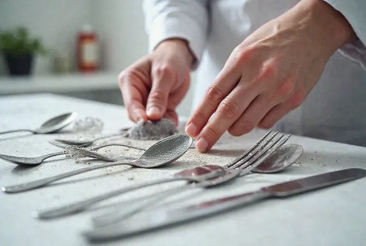 Create an image where the cleaning of stainless steel cutlery can be seen clearly and in HD format 