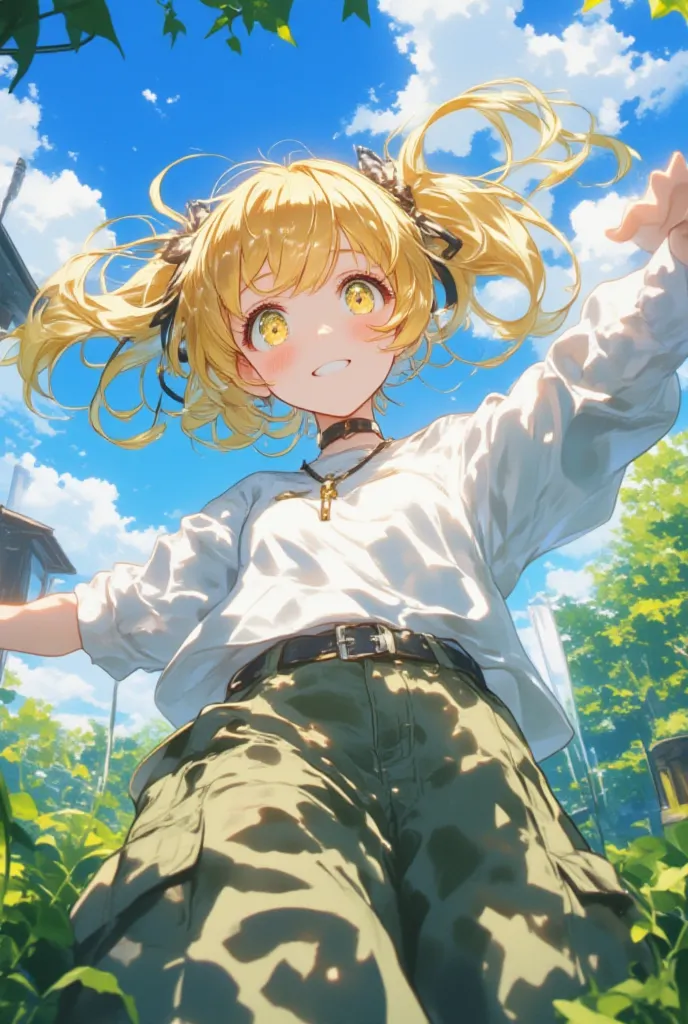 1 girl, solo, twin tails from above, High Resolution, Details,  Gold, short hair, ローtwin tails from above, Golden Eyes,  white Y shirt,  cargo pants , garden, Dance practice,  I'm moving, Beautiful blue sky,  nice smile, beautiful, 16k, wallpaper, from wai...