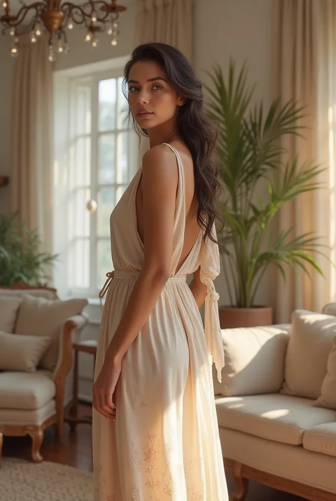 A light brown woman standing in the living room 