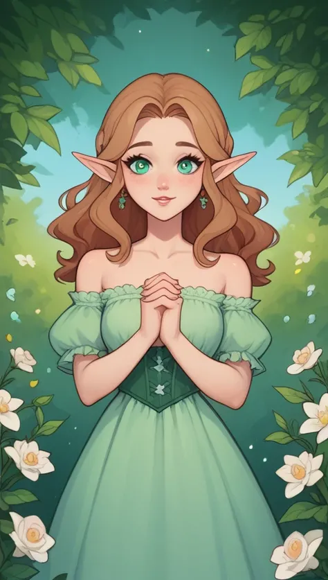 This is an anime-style illustration of a female elf.  She has long, wavy brown hair adorned with flowers,ela tem olhos brilhantes, pointed ears, and is wearing an off-the-shoulder, light-colored dress with green accents and lace detailing. Her hands are cl...