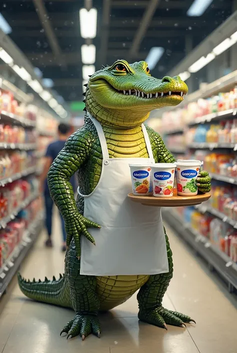 Alligator selling Danone at the supermarket