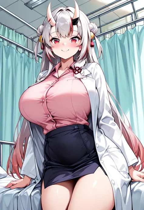 (Highest quality , 8k , masterpiece , incredibly absurdres , perfect body , super detailed skin , highly detailed eyes and face , 1 woman ) ,  nakiri ayame , Silver Hair , red eyes , demon horn , smile ,  will be happy , ( woman doctor , lab coat , skirt ,...