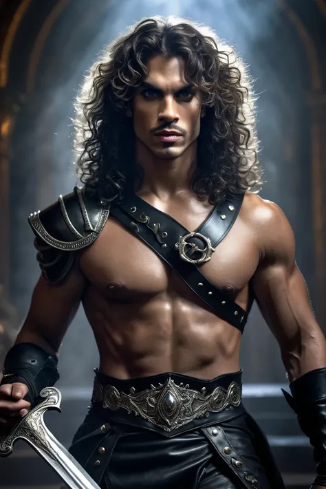  White man, eyes with silver pupils, He's a prince, wavy black hair falling over his eyes, dressed in black fighting leather,  muscular body, in a fantasy world where kings and queens exist