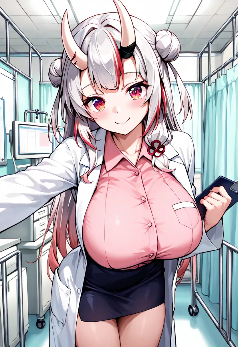 (Highest quality , 8k , masterpiece , incredibly absurdres , perfect body , super detailed skin , highly detailed eyes and face , 1 woman ) ,  nakiri ayame , Silver Hair , red eyes , demon horn , smile ,  will be happy , ( woman doctor , lab coat , skirt ,...