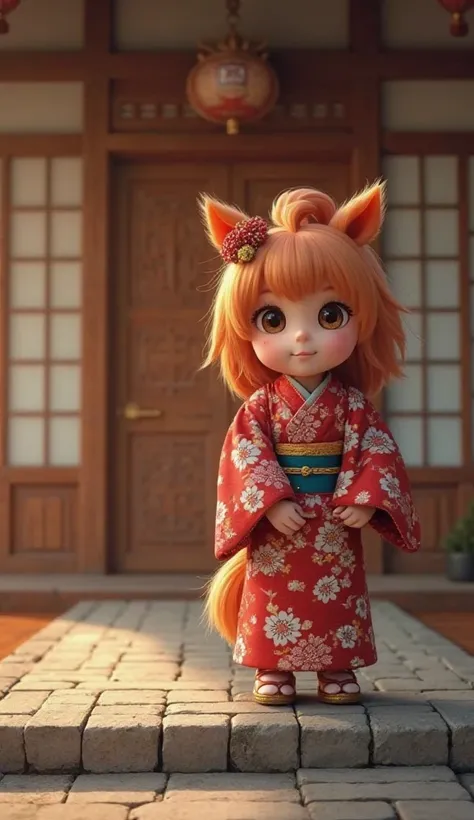  Fantastic　 realistic footage　The big entrance to a Japanese house　A cute fluffy red pony with round eyes wearing a beautiful girl's kimono　Beautiful hair ornament