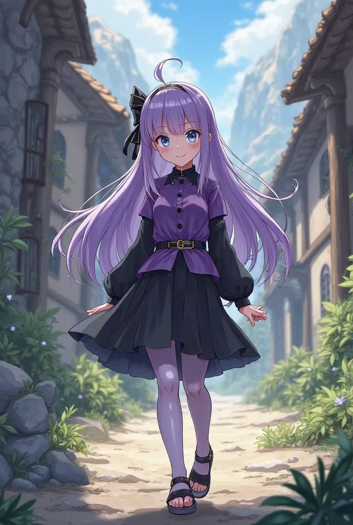 Screenshot of the village hidden between the rocks.  girl, long purple hair with fringes, light blue eyes, she wears a purple shirt with black sleeves a black belt, black skirt with lilac and transparent tights, black sandals with a white ribbon and a blac...