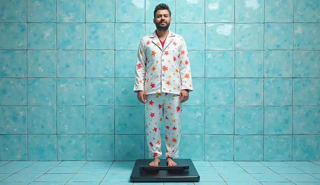 A man wearing star printed pajama standing on a  black coloured weighing machine on a sky blue dot printed tiles