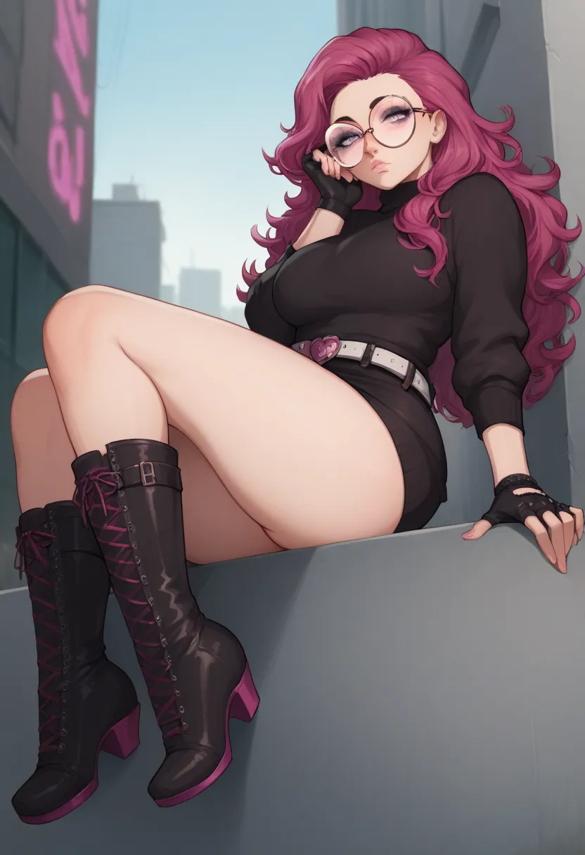 Sexy girl, long hair, magenta hair, glasses, lips, tired eyes, perfect legs, in abandoned city, black sweater, belt, boots, fingerless gloves, thigh high, round glasses, neon pink eyes