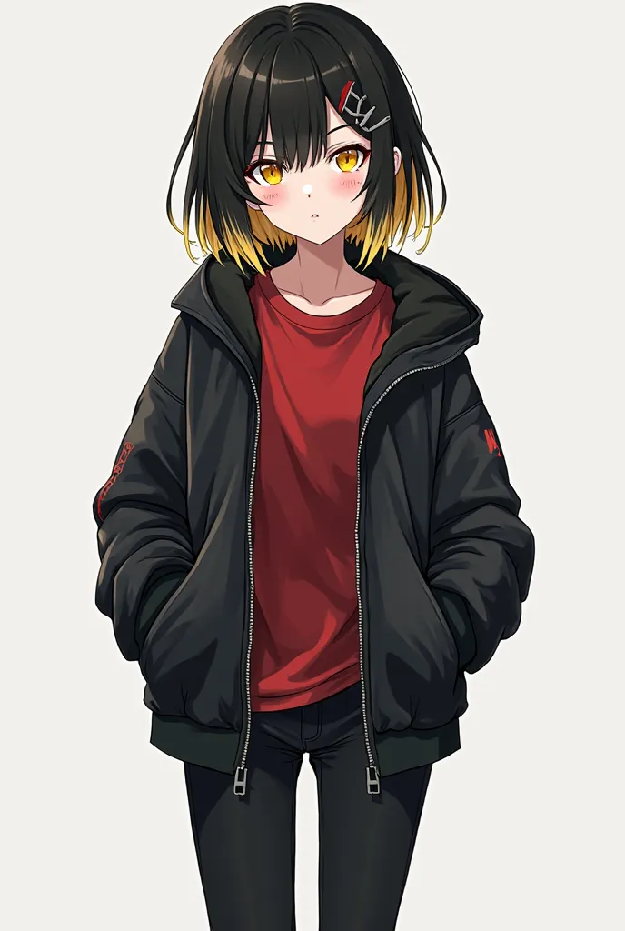 A girl in the style of the anime chainsaw man with black hair with short blonde tips, light yellow eyes ,  a black jacket, wearing black pants,  a red t-shirt , black and white booties , a serious and cold look 