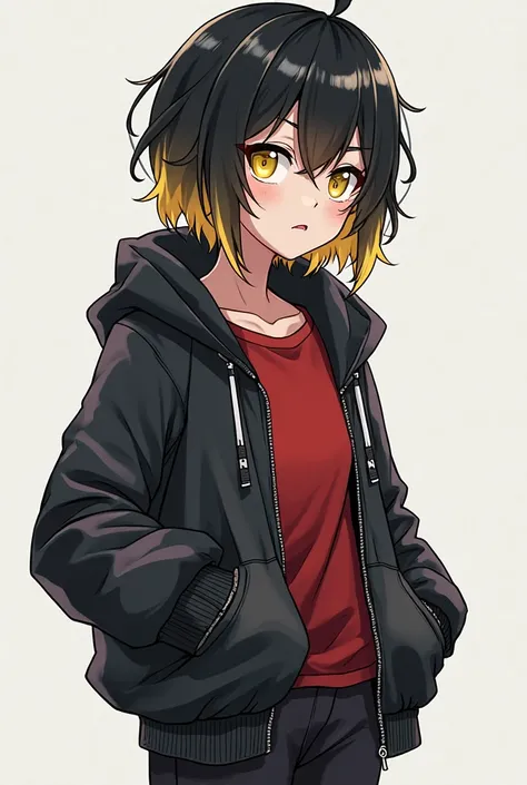 A girl in the style of the anime chainsaw man with black hair with short blonde tips, light yellow eyes ,  a black jacket, wearing black pants,  a red t-shirt , black and white booties , a serious and cold look 