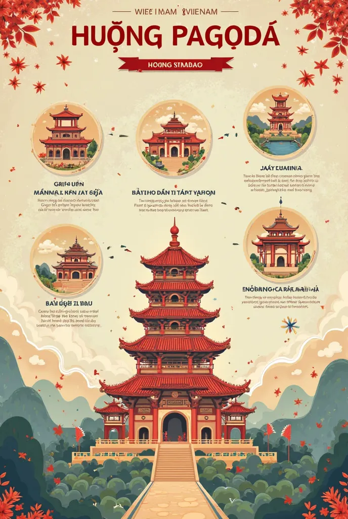 Please make me an infographic poster about Vietnam Huong Pagoda festival in Vietnamese with the following contents: festival name,  Origin , the show that takes place during the festival, Featured, reasons to preserve, measures that need to be preserved an...