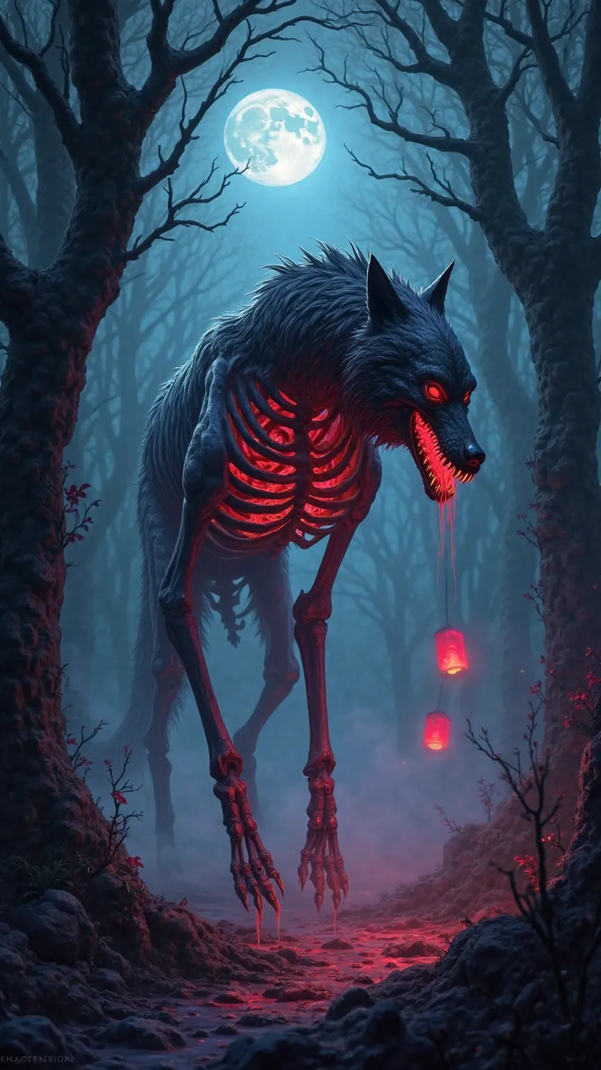 A towering skeletal wolf, its hollow ribcage pulsing with thick, glowing red blood, prowls through a dark enchanted forest. Moonlight filters through twisted, ancient trees, their leaves glowing faintly purple. The ground is covered in mist, swirling like ...