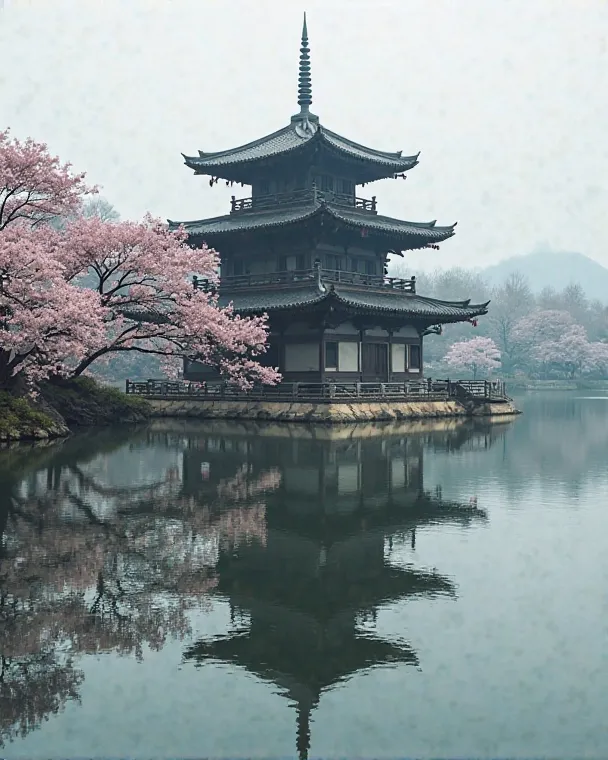 An old Buddhist temple, floating in the middle of a calm lake, surrounded by cherry blossoms. The water is perfectly still, but in the reflection you can see a distorted, dark version of the temple, in which shadows move.