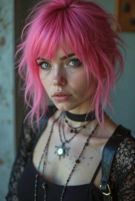 A photograph of an Attractive Russian punk rock girl, medium shot, bangs, pink hair, pale white, side look, pose, wearing a cute top