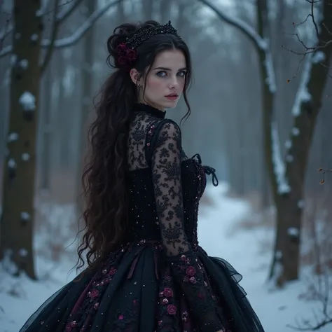 A beautiful brunette witch with violet eyes, dressed in a ball gown, with starry night motifs, in a medieval, dark and gothic atmosphere, seen from afar, mysterious atmosphere, vampire, winter landscape