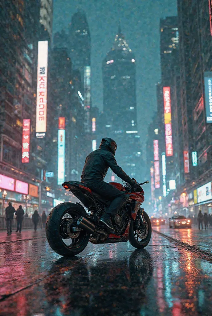 Man on a motorbike from the front and without a helmet in a big futuristic city at night. Lighting of Blade runner