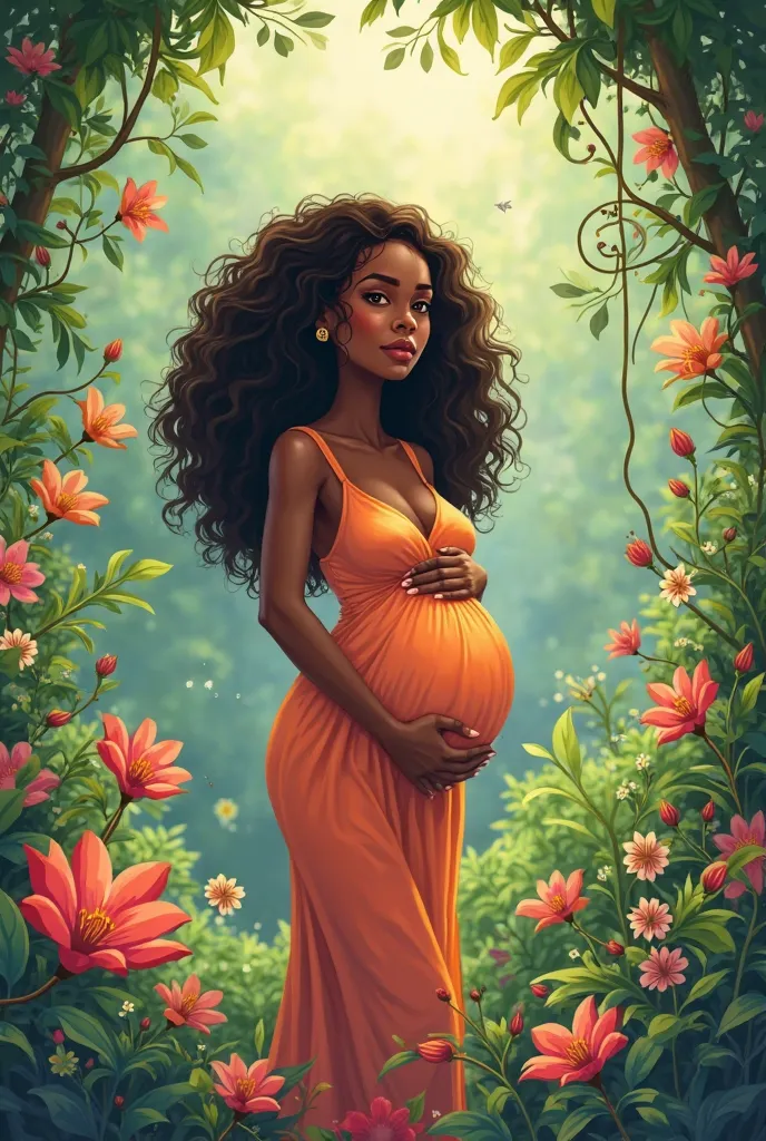  Woman, alone,  pele negra, curly hair, pregnant, Lugar Florido ,  cartoon style