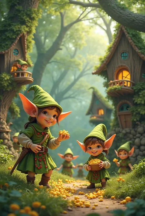 People of fortune elves dressed in green with pointed green hats, smiling, living in harmony in their tiny houses inside trees, some elves carry raw gold and others do everyday things