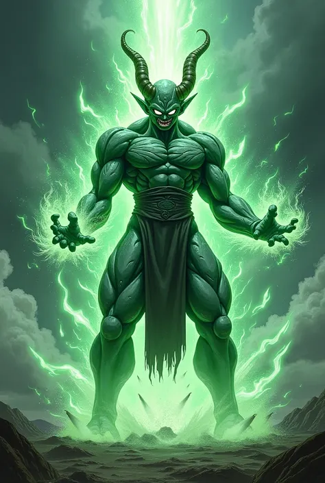 A demon of the cold from Dragon Ball Z transformed into its fifth dark green form,  throwing a Kamehameha 