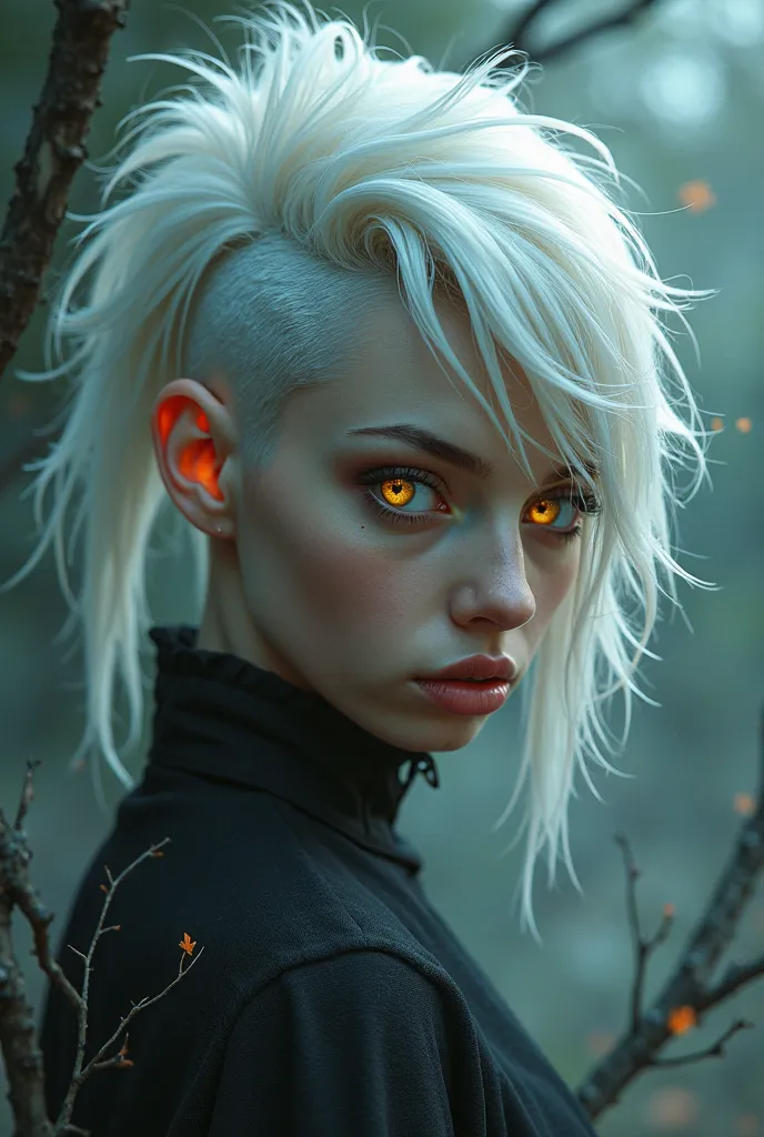 A girl with white hair she have a wolfcut she have  Yellow eyes