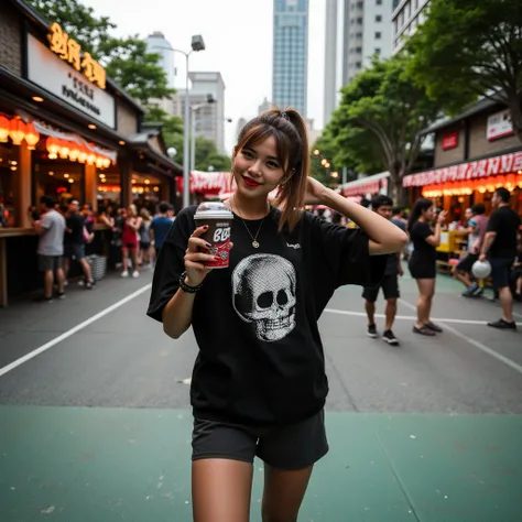  A professional photograph of a young woman at a vibrant Japanese festival, posing with a cheerful and relaxed expression. She has a slim physique, light brown hair styled in a casual ponytail with soft bangs framing her face, fair skin, and almond-shaped ...