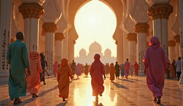 A very detailed and realistic close-up photo of walking into a giant mosque, small people wearing colorful clothes. Some wear trousers and sarongs. There were ren and adults, and small cranes were walking around to carry out worship. creating a religious a...