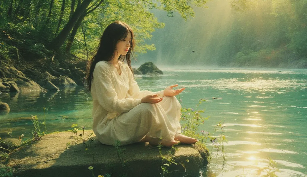 "A young girl with a calm and peaceful aura sits cross-legged on a flat rock by a clear river. His hair is long and naturally decomposed, buffeted by a gentle breeze that brings dried leaves flying slowly. She wears a simple white linen dress with long sle...