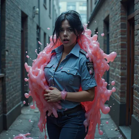 30 year old white police woman, engulfed in a massive blob of pink translucent congealed slime, dressed in a shredded and tattered melting blue police uniform. Light blue shirt, dark blue pants. Shapely and meaty figure, plump and toned butt, curvy, meaty ...