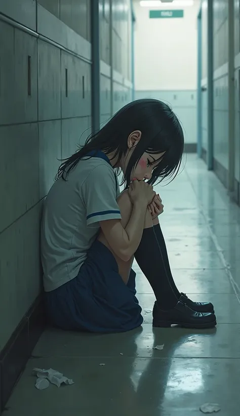 The japanese school girl crying in a corner, hugging her knees in an empty school hallway.