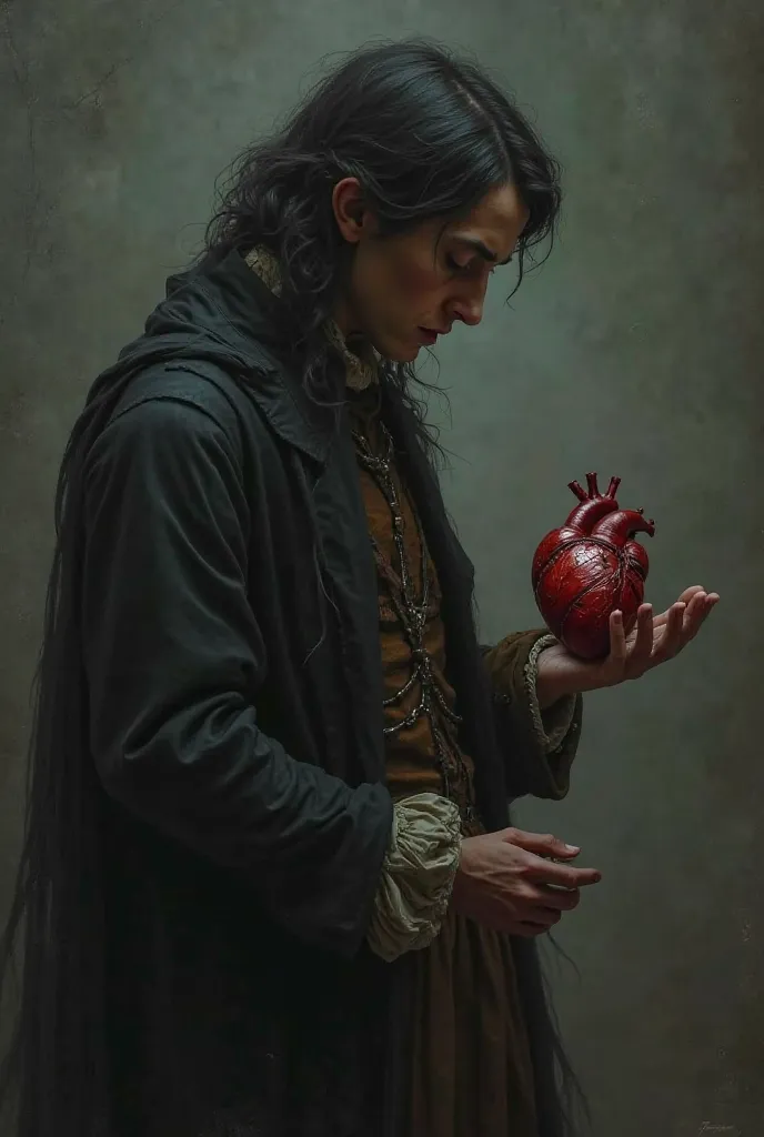 More crouched head in period clothes a real heart in the hand sad and in profile 