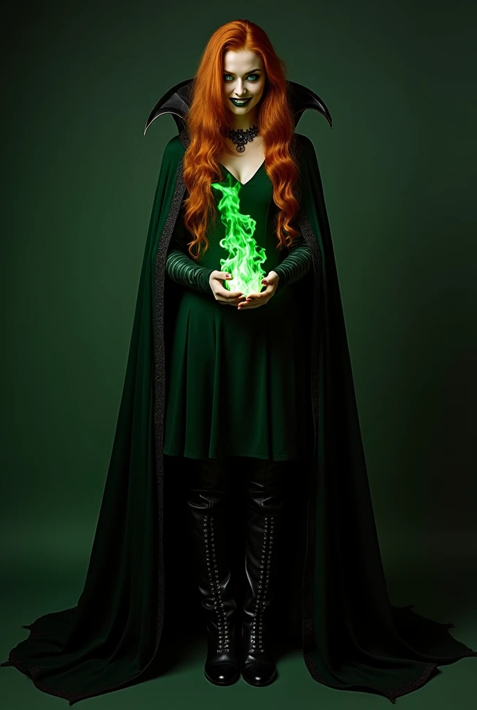 A complete body  photo of a young,evil very powerful darked beautiful vampire that shows her teeth with blood, her skin is very pale supervillain with green not natural elysiumed brighted eyes, long, wavy red hair, and a lock of hair covering the left side...