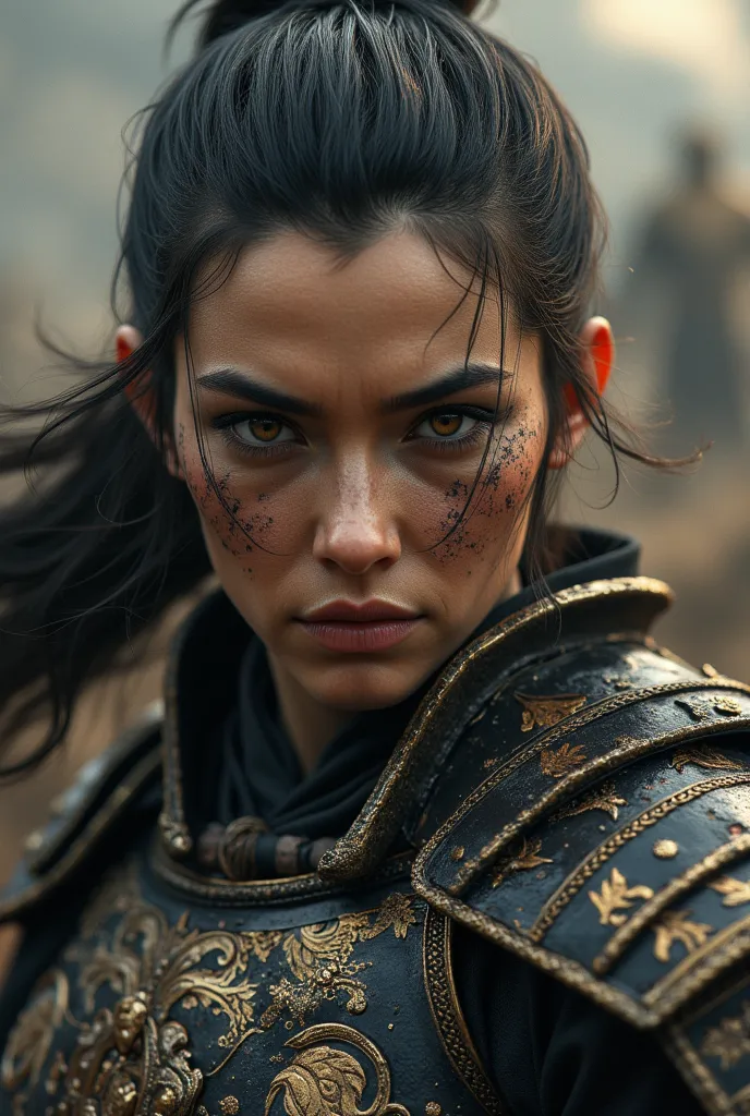 3d image of a woman fighter, in the medieval age,samurai suit, photorealistic detail, dark dystopian environment, detailed anatomy of a fighter face, focused angry eyes, uhd image,8K.