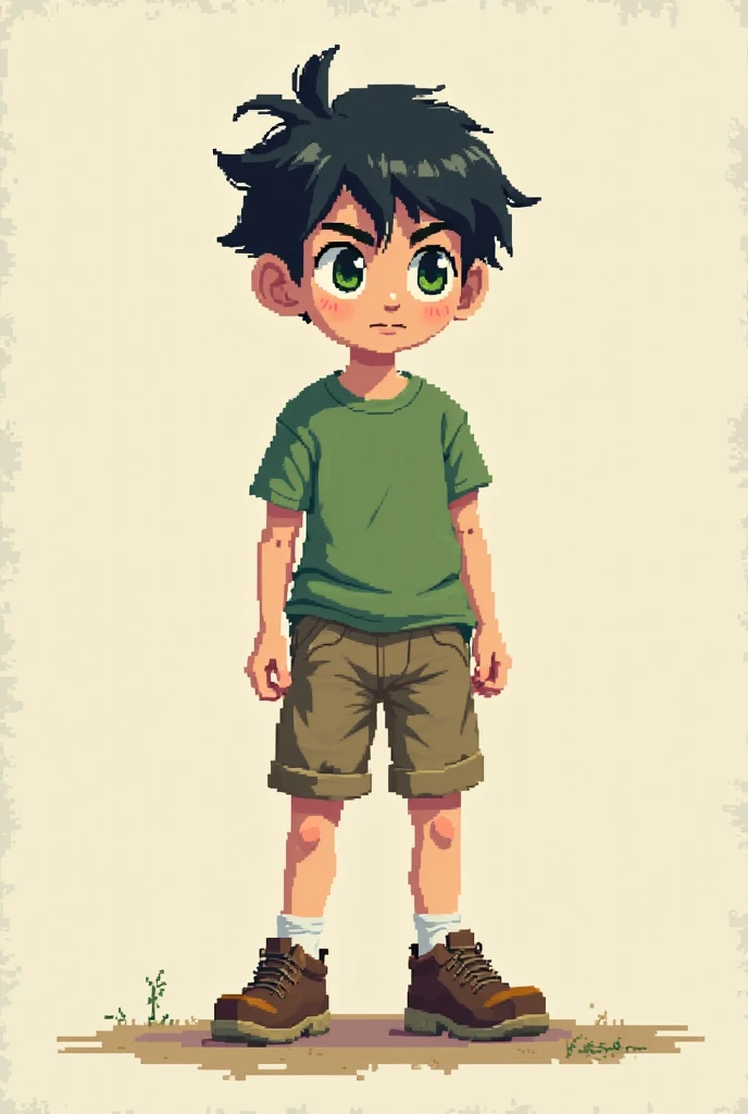 Make a drawing of a  boy wearing a green shirt, shorts and shoes, Your hair is totally dark black and your eyes are green do it in the chip style of a tabletop RPG