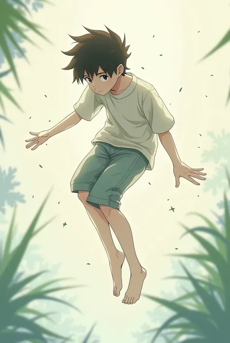 A 15-year-old boy in his underwear floating with his legs bent toward his abdomen and arms open in a fantasy anime-style sketch pose can only be seen face to face and full body