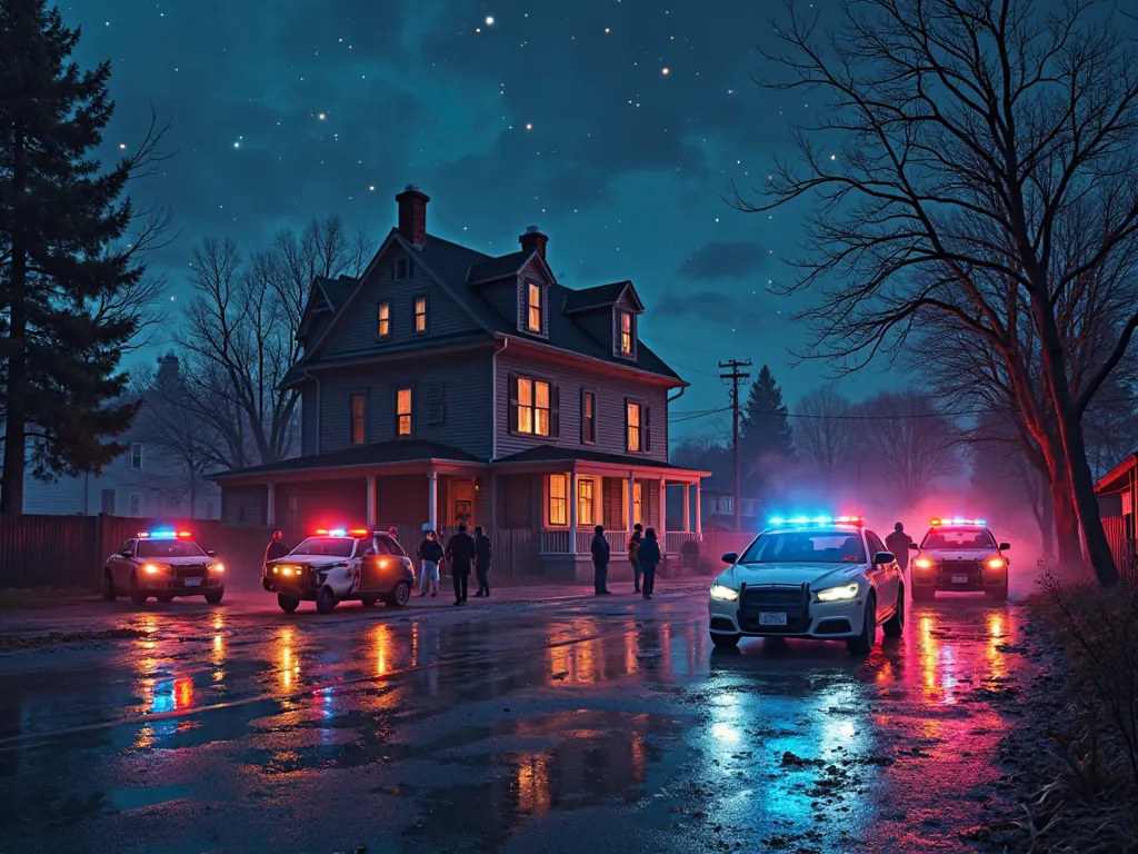 several hooded men arrested, cops escorting hooded men and lots of police cars around an old house,comic style fluorescent car light colors,  distant and dynamic action, Panorama wet floor and dark starry sky