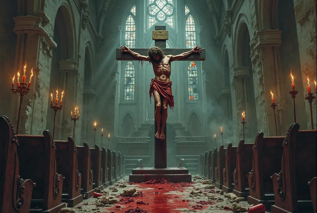 Horror image of an abandoned church where there is a cross with a terrifying, blood-filled Christ