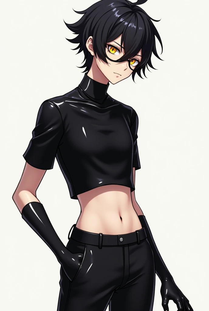 A boy from solo anime, very pretty,  Yellow Eyes, cropped black leather turtleneck,  short sleeve,  showing the navel , black gloves, stylish and modern black pants, messy medium long black hair,  anime style cartoon glasses, Side photo, Photo taken from t...