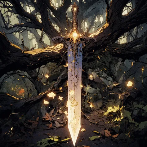 Brilliant sword lying on the road in a dark forest, That has a touch of fantasy 