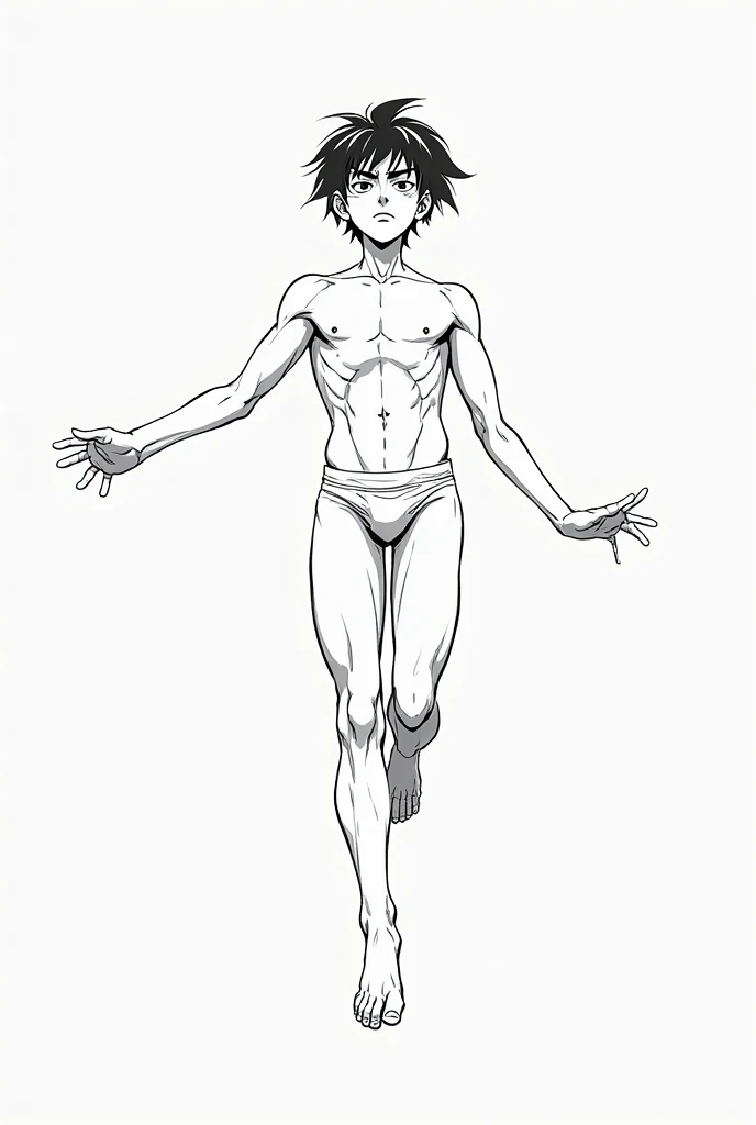 A 15-year-old boy, wearing only tight underwear, floating with his legs bent toward his abdomen and arms open, in an anime-style fantasy pose (sketch) can only be seen from the front and full body.