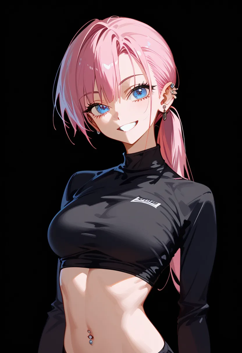 girl, in blue eyes, Pink Hair, long hair, medium chest,Pierced Ear Holes,slim,Flat stomach,girlเกล,เสื้อstudentสีดำ,student,Long Sleeve Shirts,Anime,black background,cute, dark edges, Thug ,Fool,Round face,Round eyes , Tomboy,Black Shirt,milf, ponytail,smi...