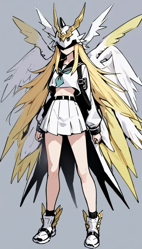 (((Highest Quality))), (Simple background), 1girl, fullbody, standing, angewomon, helmet, covered eyes, blonde hair, long hair, school uniform, wings,